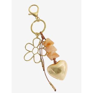 New Emberly Gold Heart & Flower Charm Keychain with Peach Stone Beads